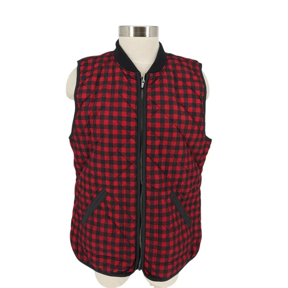 Old Navy Quilted Vest Red Buffalo Plaid Checks Sleeveless Full Zip Lightweight - Picture 1 of 8